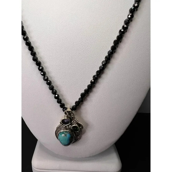 Black spinel and turquoise multi gem sterling silver pendant necklace - Picture 8 of 11